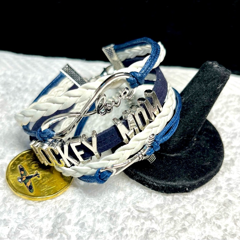 Leatherette hockey mom bracelet with silver charms -NEW